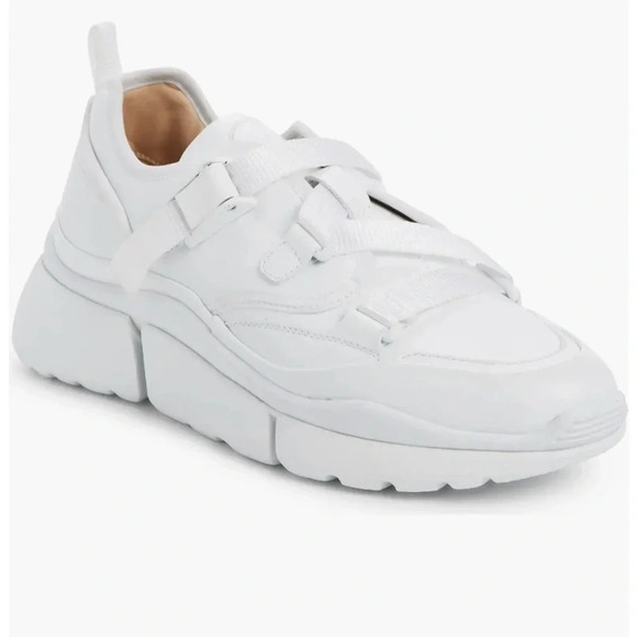 Chloé Sonnie Low-Top Leather Sneakers White Size 8 Designer Chunky Sneaker Style - Picture 1 of 16
